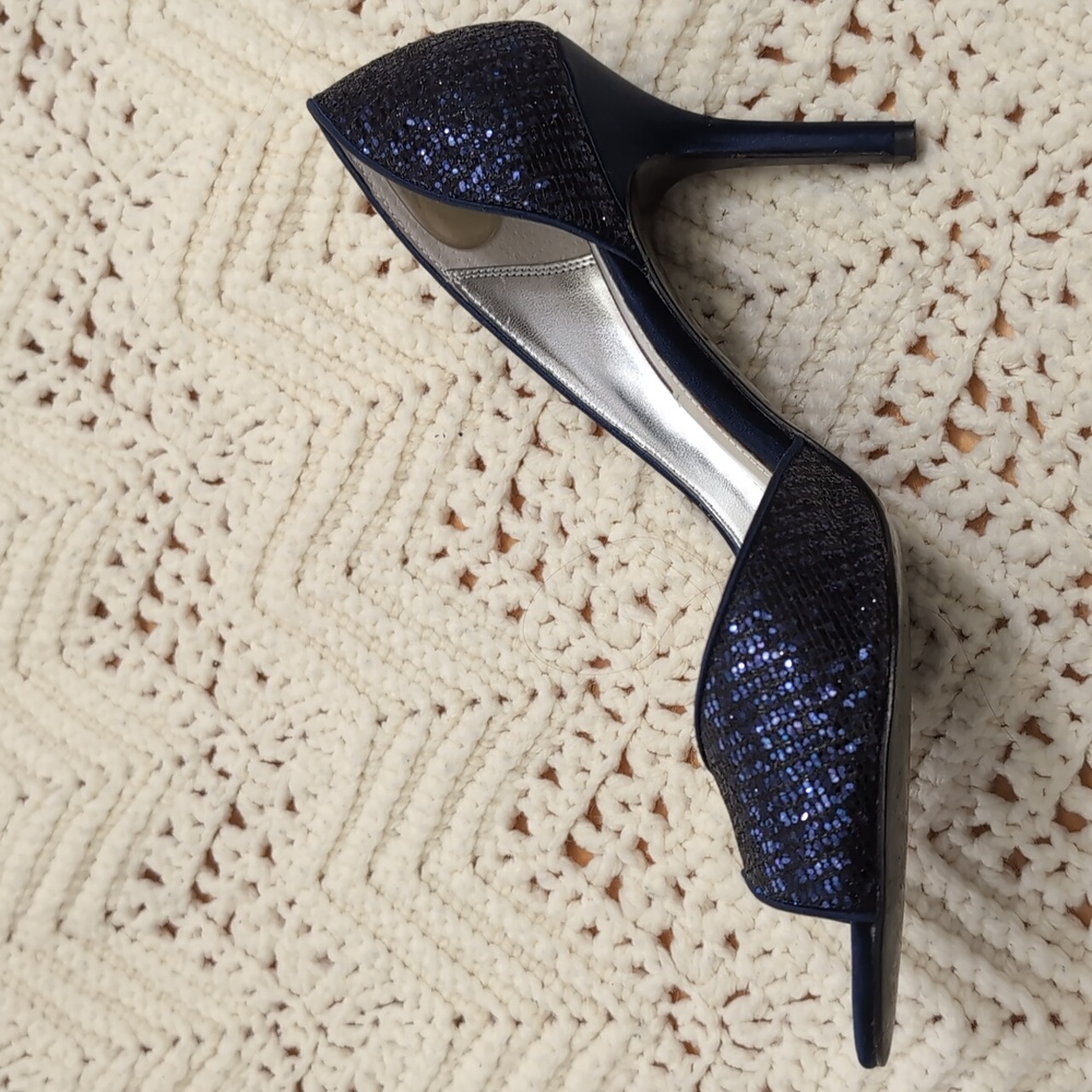 Nina Women's Sparkling Navy Peep Toe Heels - Picture 4 of 11